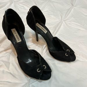 Black Striped Sateen Canvas Leather Trimmed Silver Grommet Peep Toe Heels